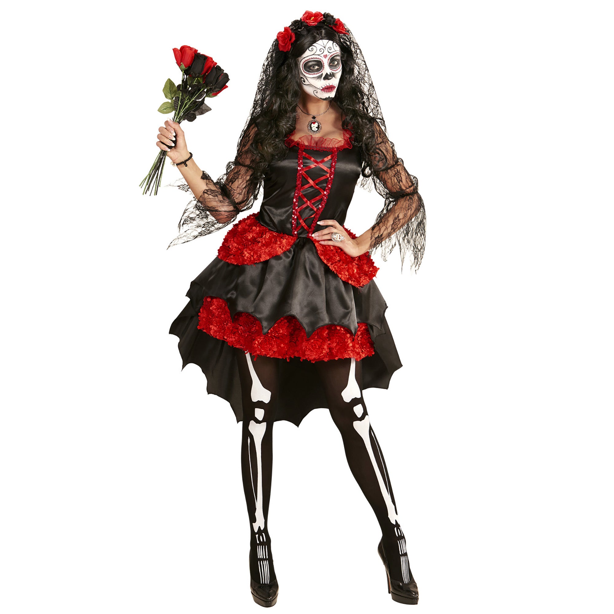 Widmann - Spaans & Mexicaans Kostuum - Mazarita Bruid Dia De Los Muertos - Vrouw - rood,zwart - Medium - Halloween - Verkleedkleding