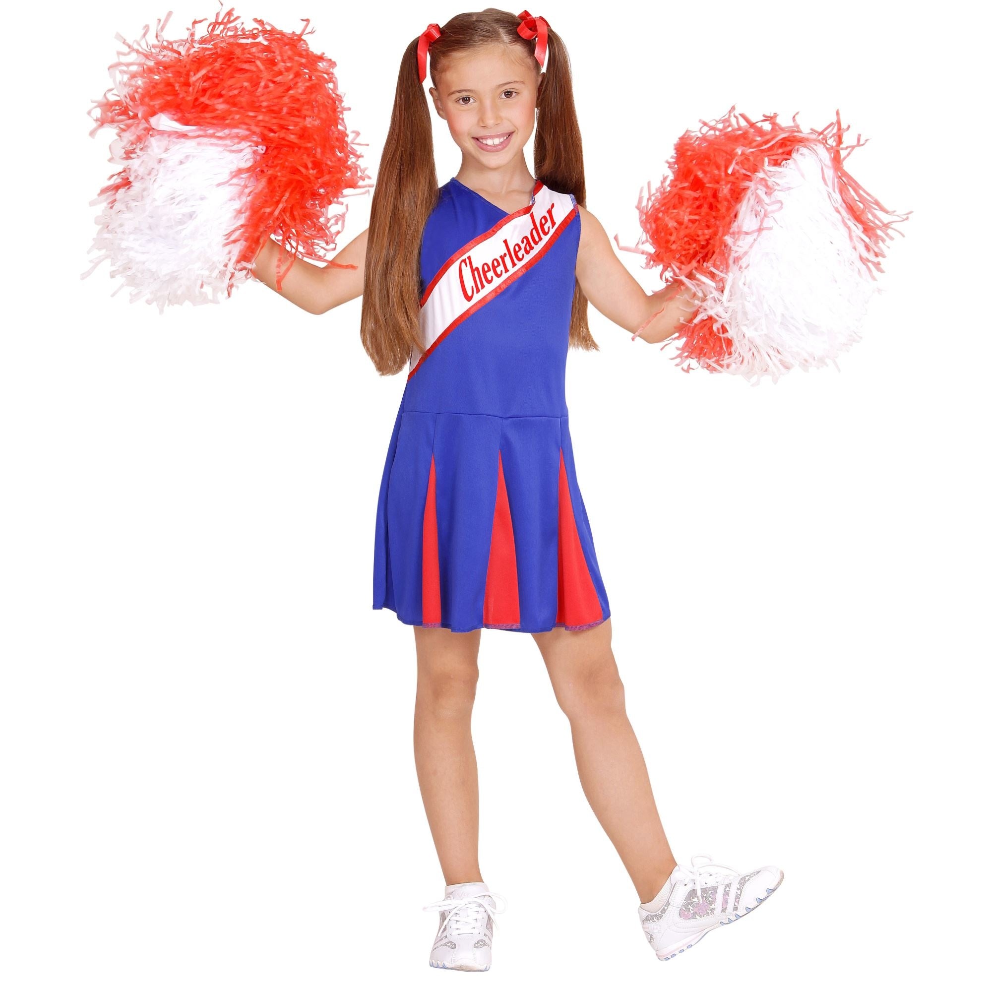 Widmann - Cheerleader Kostuum - Amerikaanse Cheerleader Blauw / Rood - Meisje - blauw,rood - Maat 104 - Carnavalskleding - Verkleedkleding