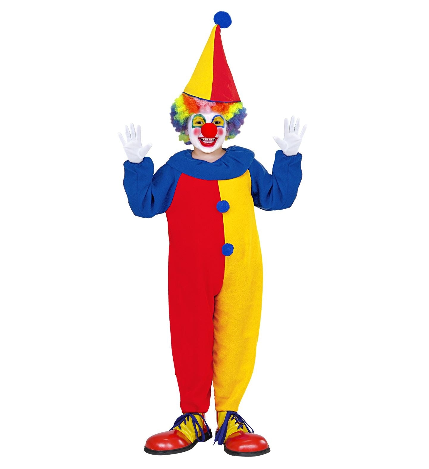 Widmann - Clown & Nar Kostuum - Circus Clown Hilarius Kind Kostuum - blauw,rood,geel - Maat 104 - Carnavalskleding - Verkleedkleding