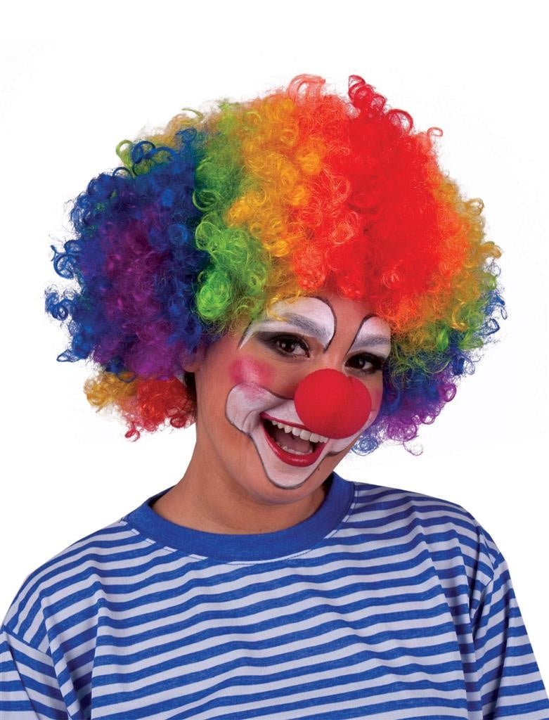 Leuke afro clownspruik Sara regenboogkleuren