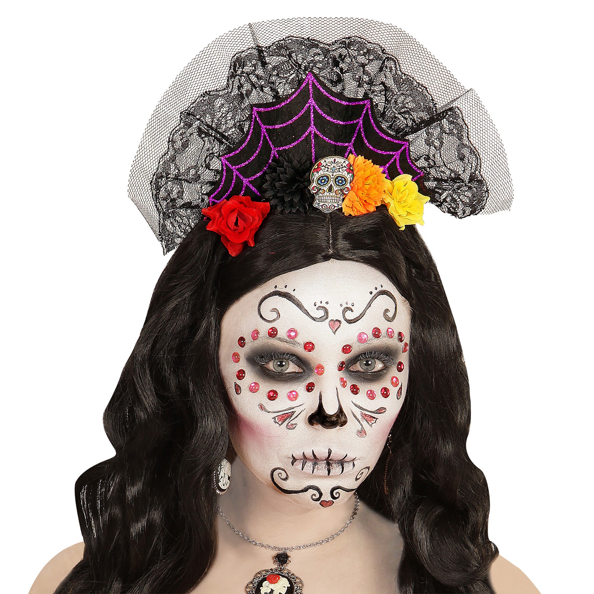 Widmann - Spaans & Mexicaans Kostuum - Hoofbedekking Dia De Los Muertos Lola Flores - zwart - Carnavalskleding - Verkleedkleding