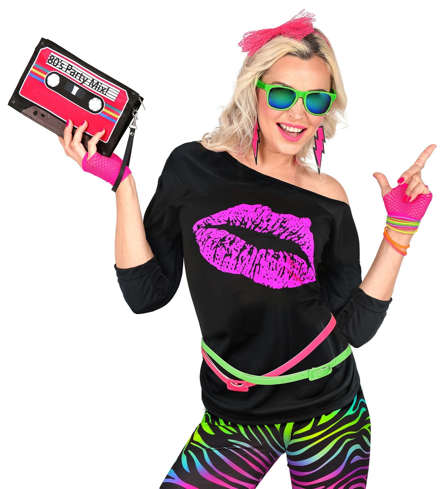 Widmann - Jaren 80 & 90 Kostuum - 80s Shirt Big Kiss Vrouw - zwart - Small / Medium - Carnavalskleding - Verkleedkleding