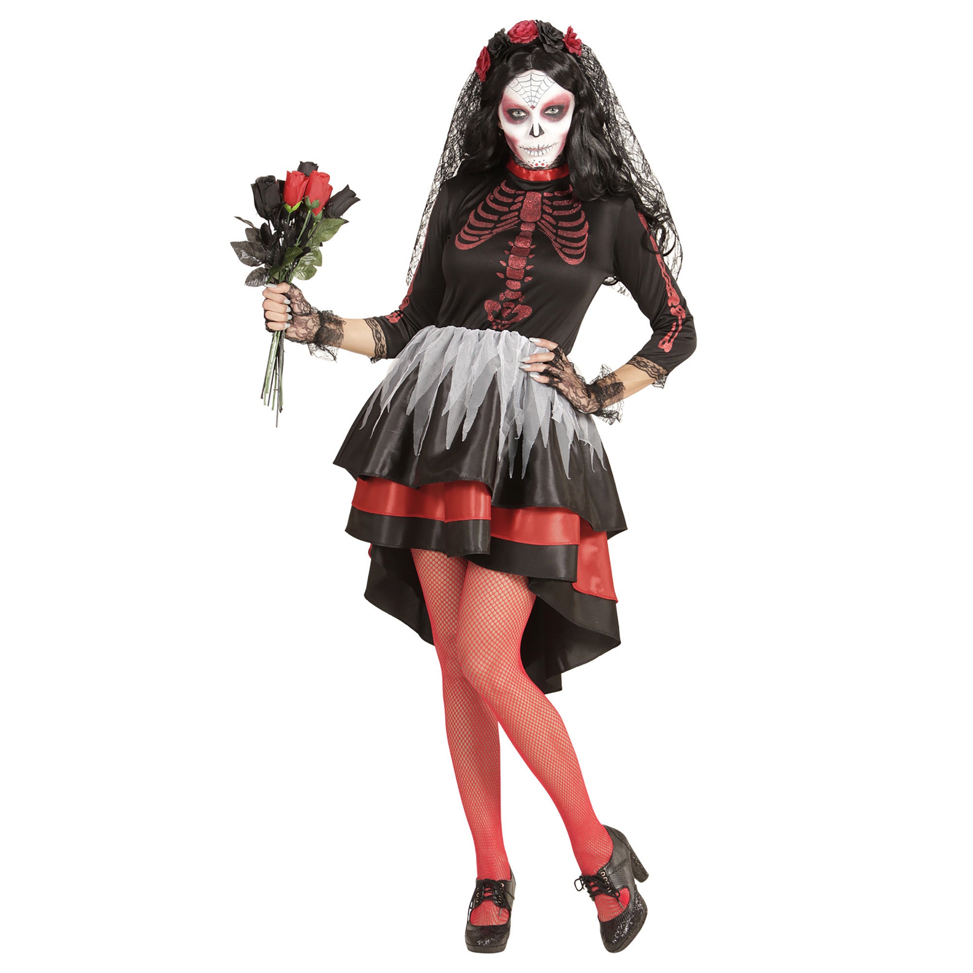 Widmann - Spaans & Mexicaans Kostuum - Perales Bruid Dia De Los Muertos - Vrouw - rood,zwart - Large - Halloween - Verkleedkleding