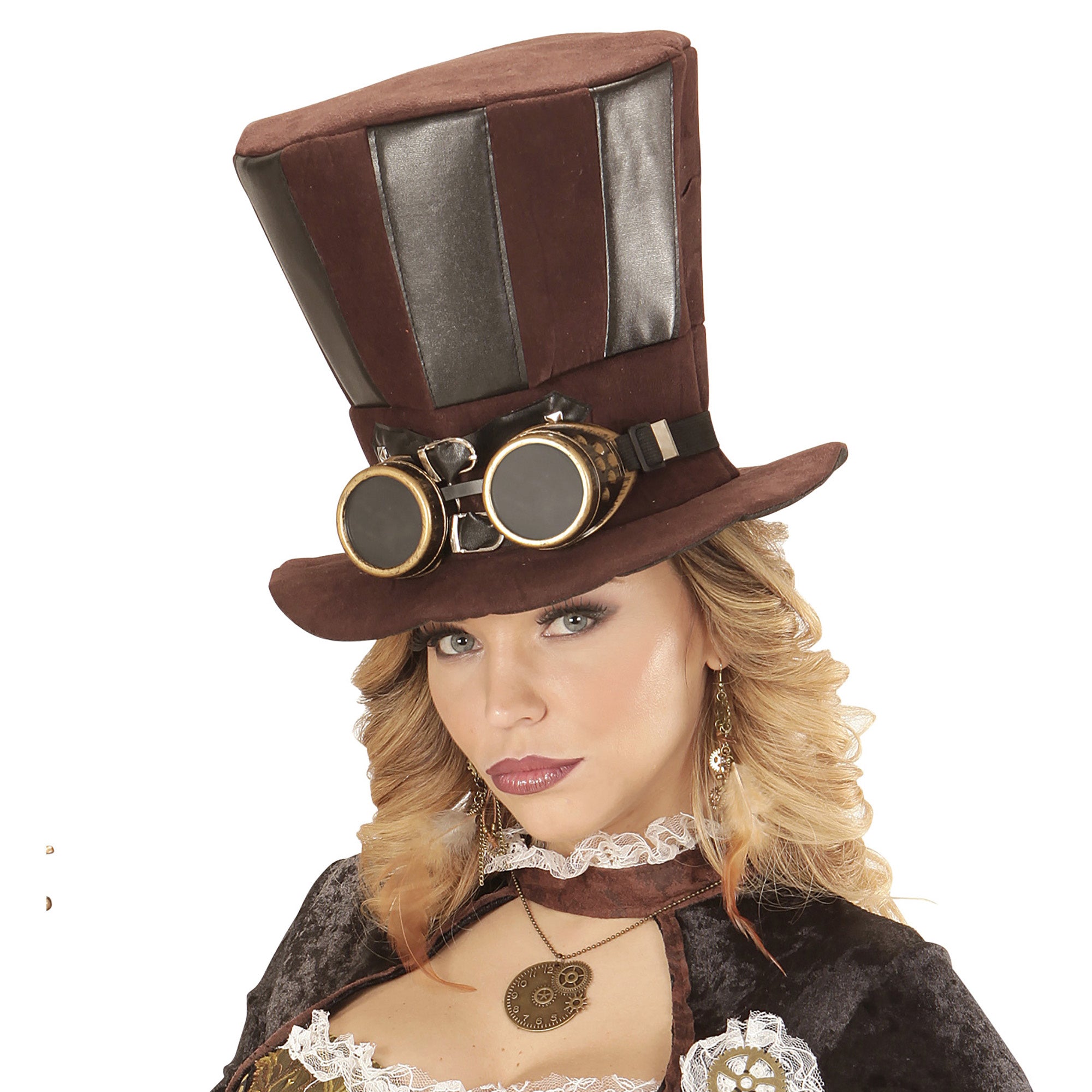 Extra hoge hoed steampunk bruin met stofbril