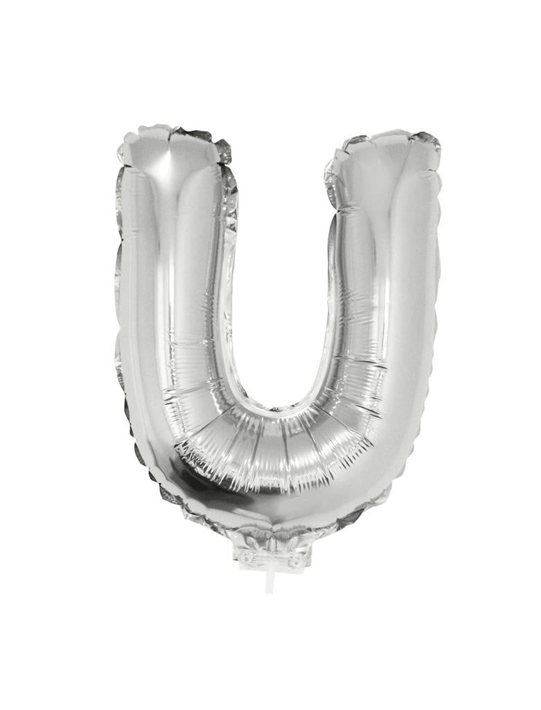 Folie Ballon Letter U Zilver 41cm met Rietje