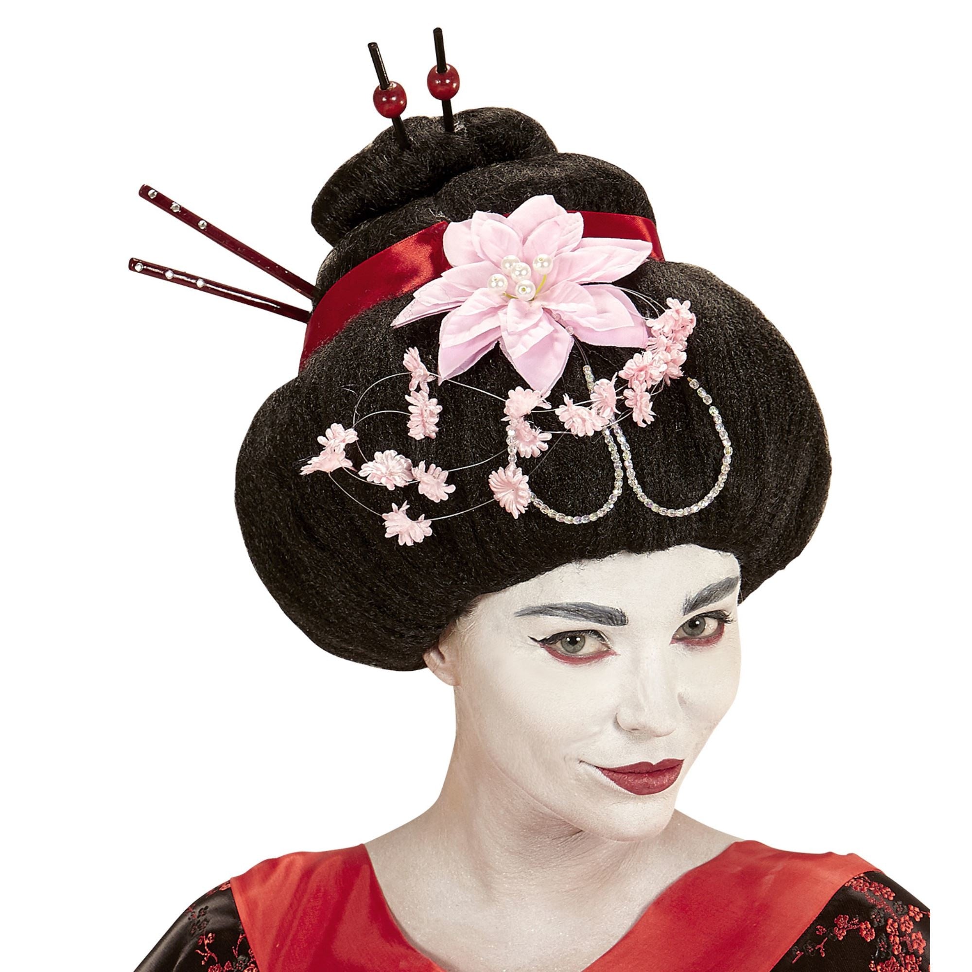 Japanse Geisha pruik met stokjes en bloemen