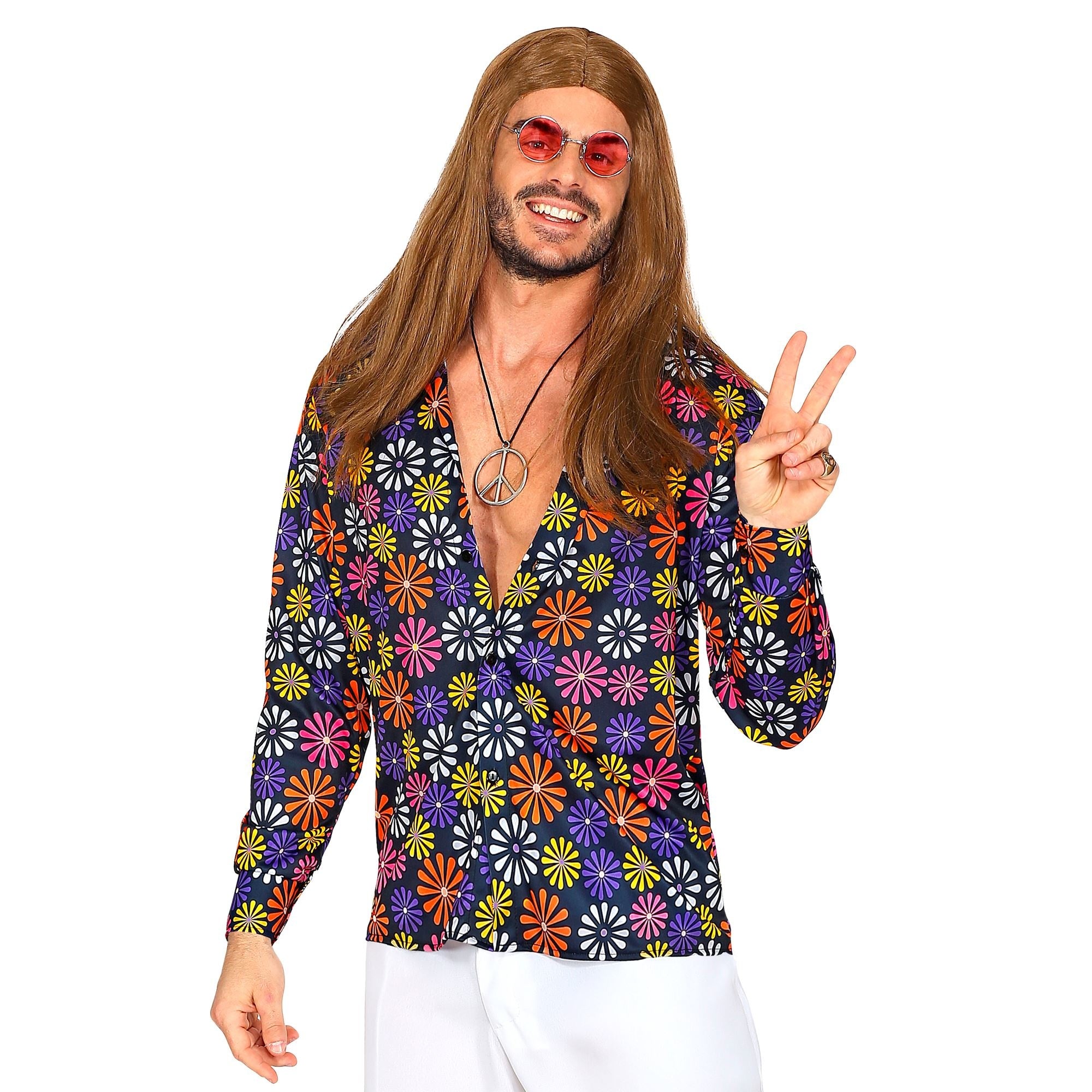 Widmann - Hippie Kostuum - Shirt Vol Madeliefjes Hippie Man - paars,multicolor - Small / Medium - Carnavalskleding - Verkleedkleding