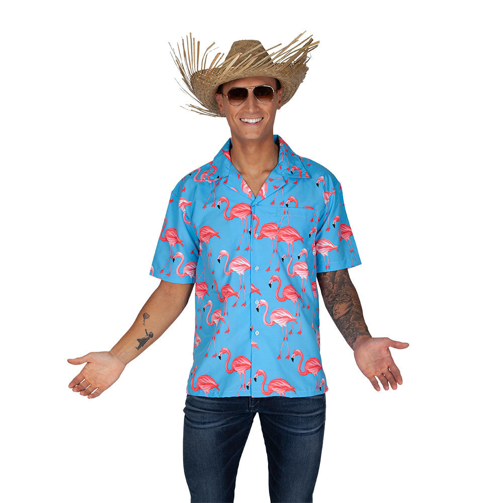 Mooi blauw Hawaii shirt met roze flamingo's