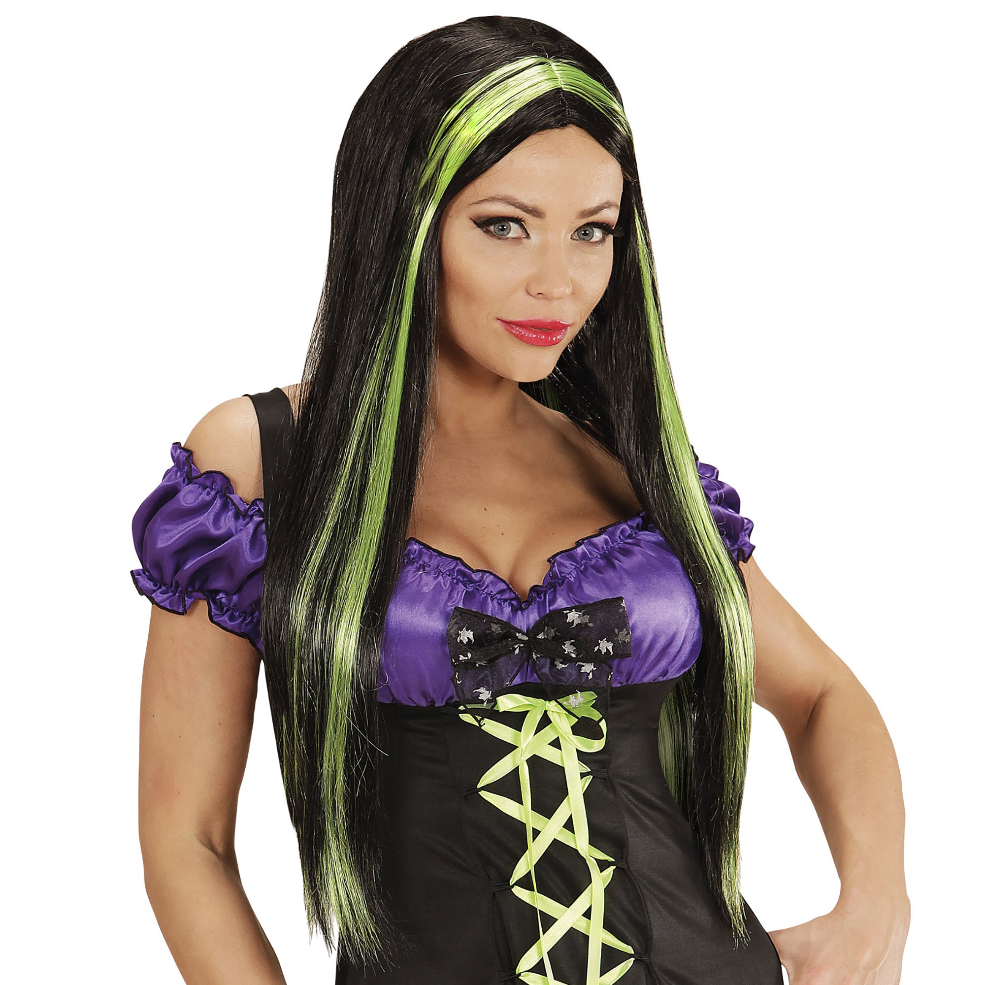 Widmann -Fantasy Pruik, Zwart Met Groene Highlights - groen,zwart - Halloween - Verkleedkleding