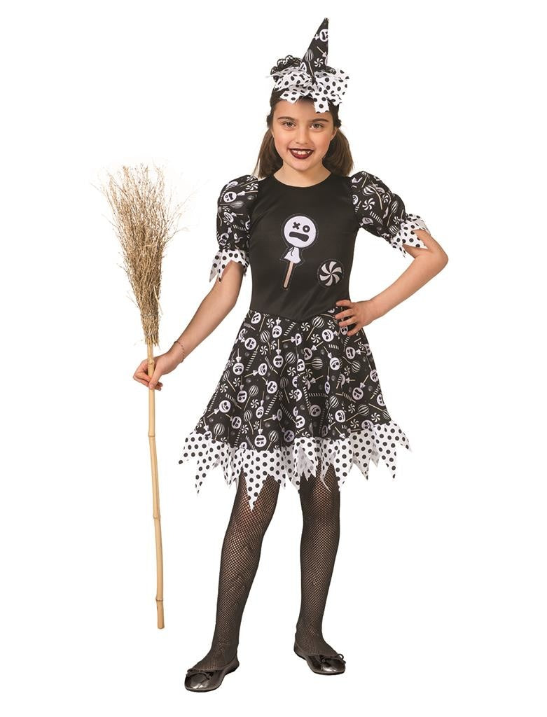 Funny Fashion - Heks & Spider Lady & Voodoo & Duistere Religie Kostuum - Verleidelijke Snoep Heks Enge Lollies - Meisje - - Maat 128 - Halloween - Verkleedkleding