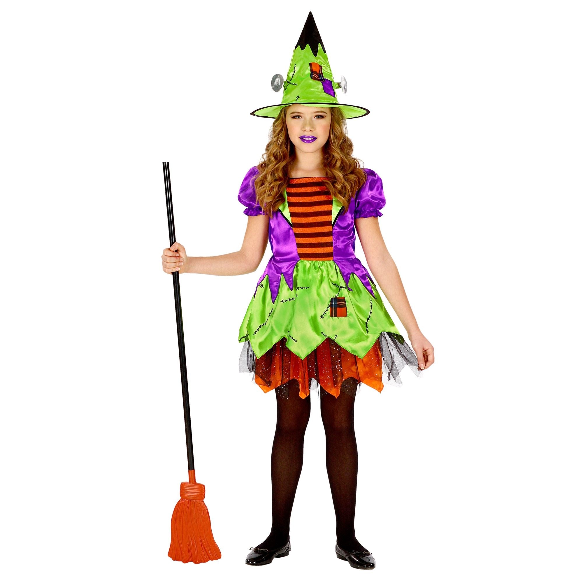 Widmann - Heks & Spider Lady & Voodoo & Duistere Religie Kostuum - Akelig Giechelende Toverkol Halloween - Meisje - rood,groen,paars - Maat 128 - Halloween - Verkleedkleding