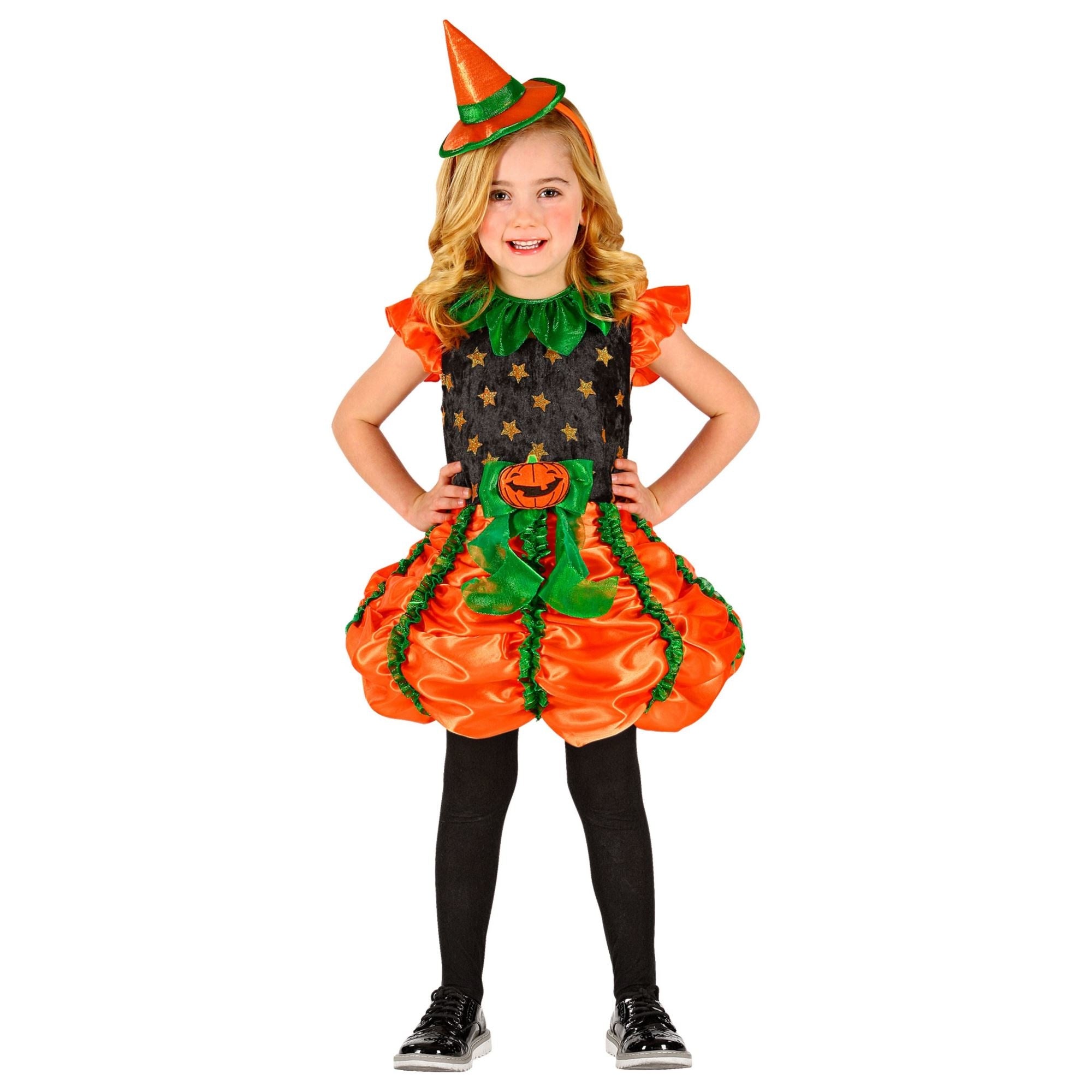 Widmann - Pompoen Kostuum - Gruwelijk Grijnzende Pompoen Heks - Meisje - oranje - Maat 104 - Halloween - Verkleedkleding