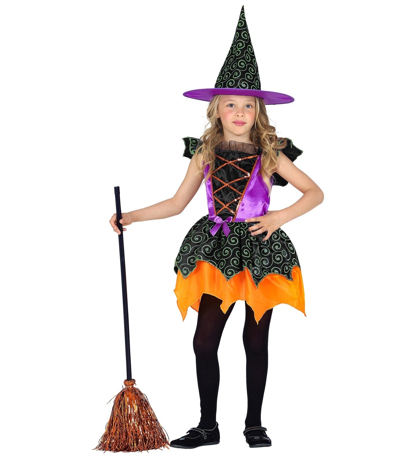 Widmann - Heks & Spider Lady & Voodoo & Duistere Religie Kostuum - Heks Van Het Pompoenenbos - Meisje - groen,oranje - Maat 116 - Halloween - Verkleedkleding