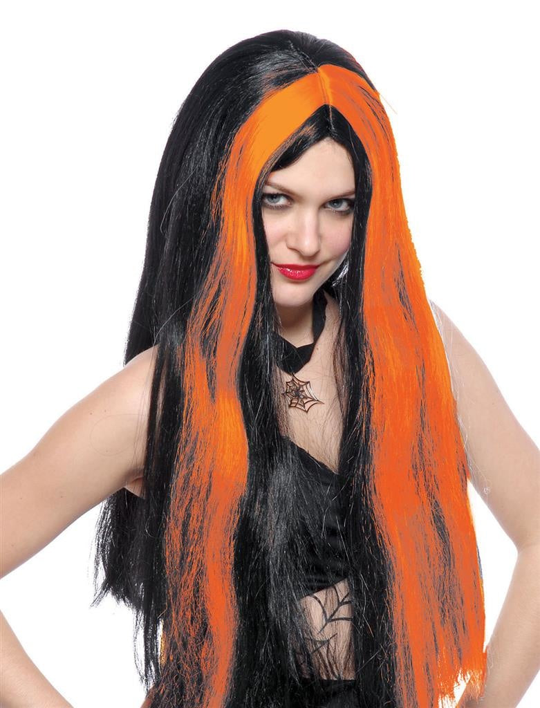 Funny Fashion Heksenpruik lang haar - zwart/oranje - dames - Halloween