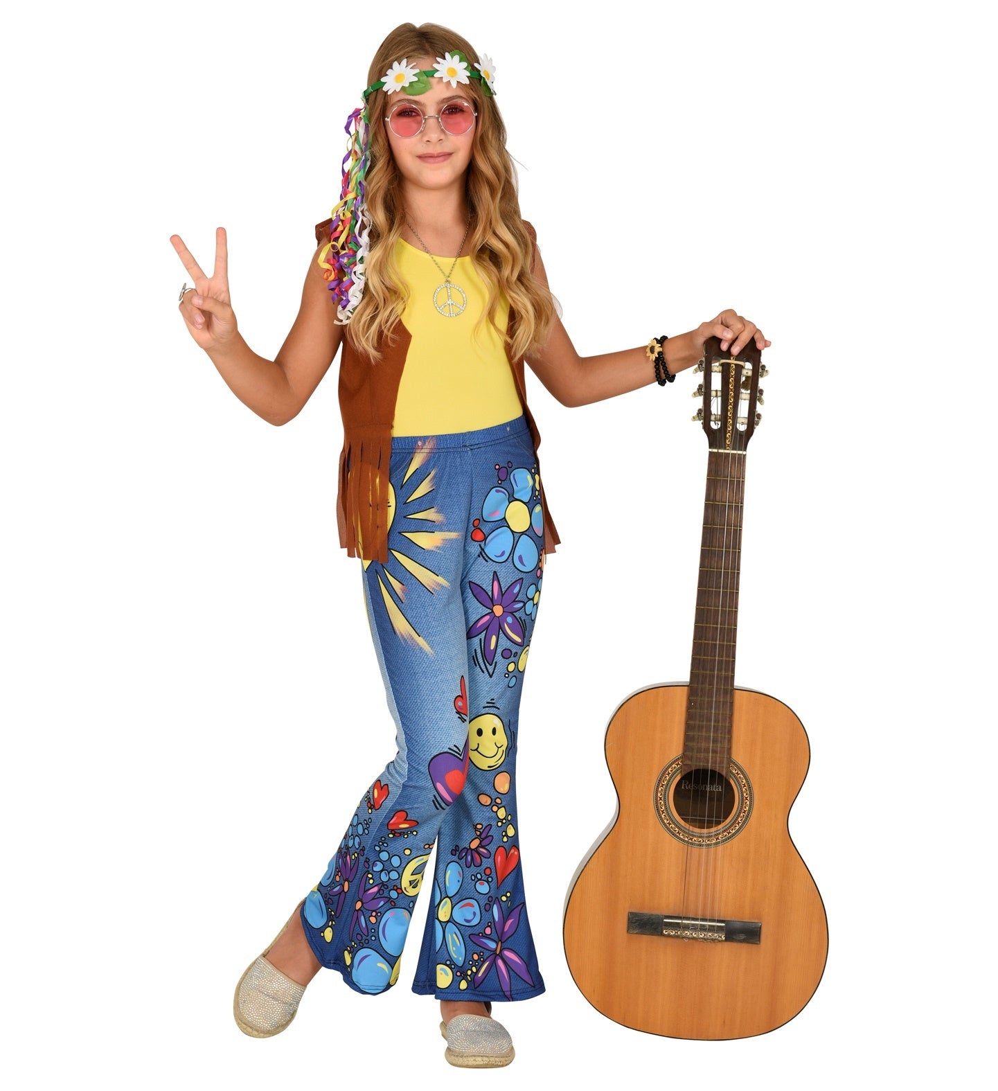 Widmann - Hippie Kostuum - 70s Legging Hippie Peace To The World Meisje - blauw - Maat 158 - Carnavalskleding - Verkleedkleding