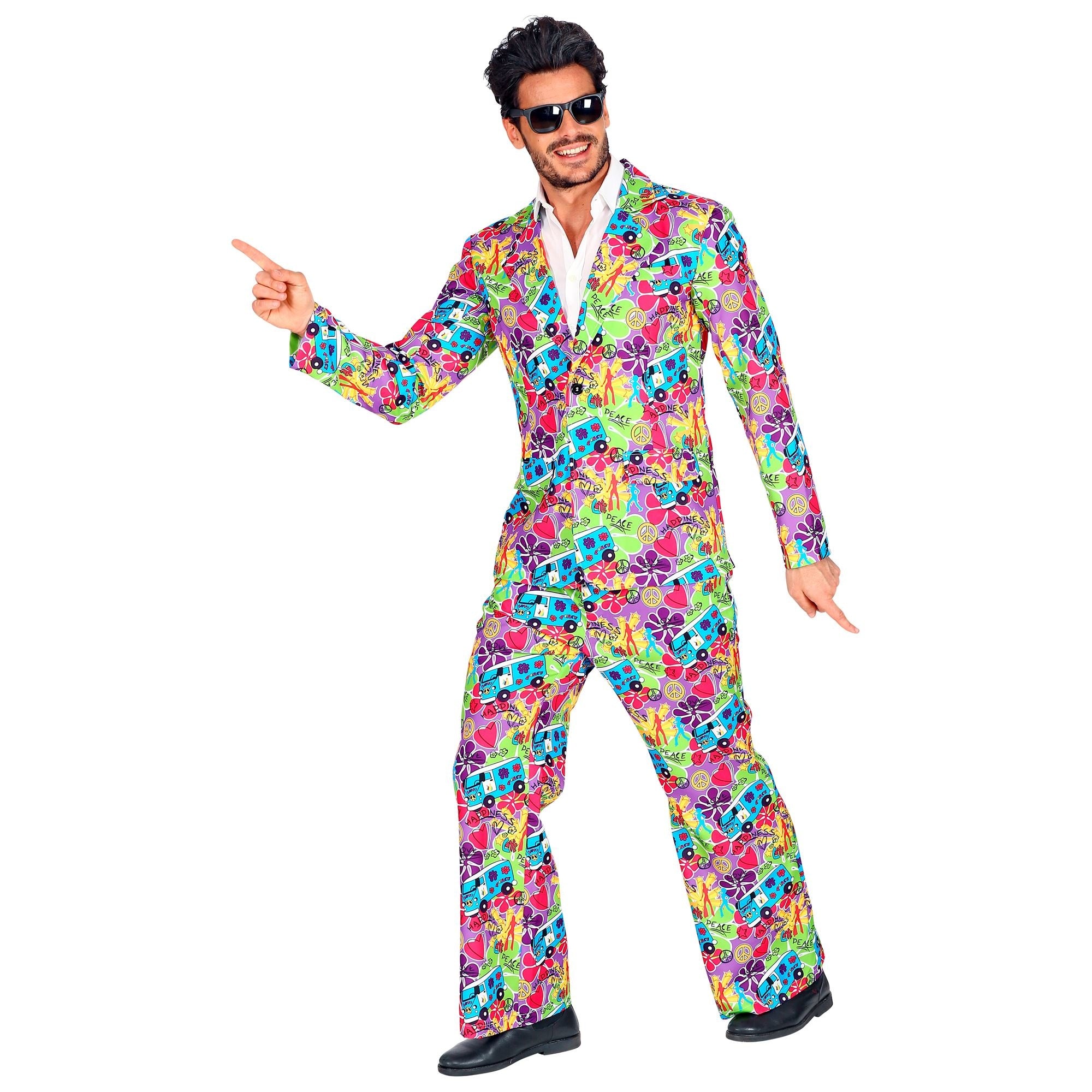 Widmann - Hippie Kostuum - Vrolijke Kleurige Hippie Symbolen - Man - multicolor - Small - Carnavalskleding - Verkleedkleding