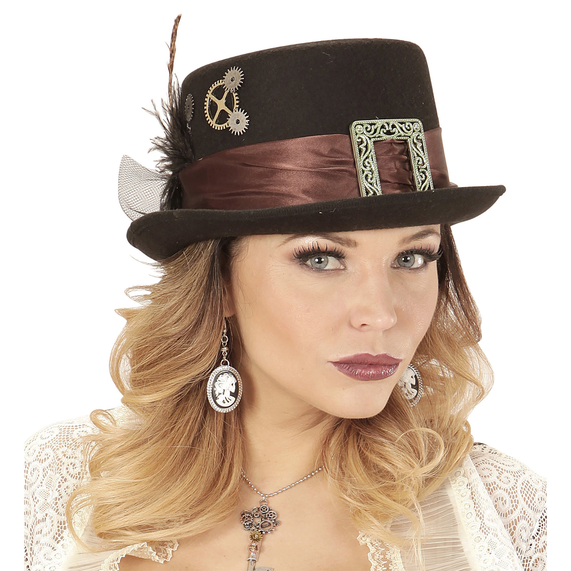 Hoge hoed steampunk met veer