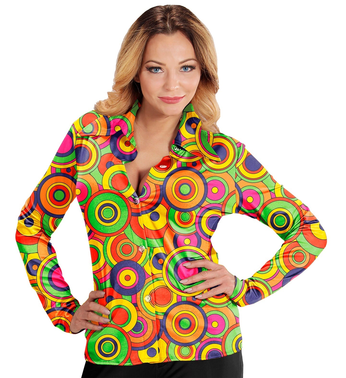 Mooi jaren 70 shirt groovy cirkels dames