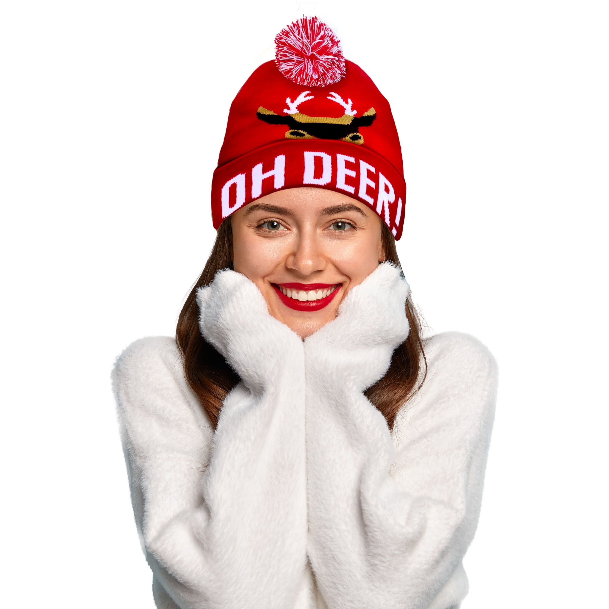 Funny Fashion foute kerstmuts - rood - Oh Deer! - volwassenen - acryl - wintermuts