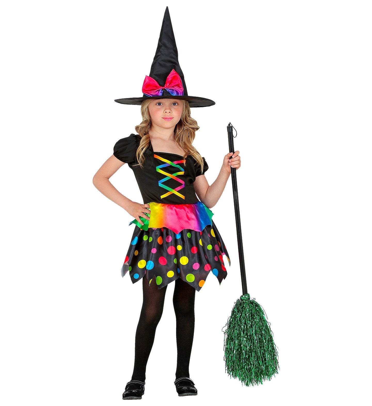 Widmann - Heks & Spider Lady & Voodoo & Duistere Religie Kostuum - Gekleurde Polkadot Heks Henrika - Meisje - zwart,multicolor - Maat 140 - Halloween - Verkleedkleding