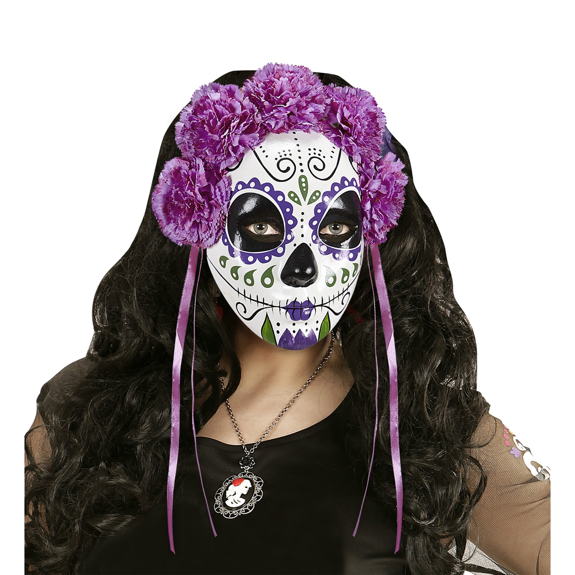 WIDMANN - Paars Dia de los Muertos masker met linten voor volwassenen - Maskers > Half maskers