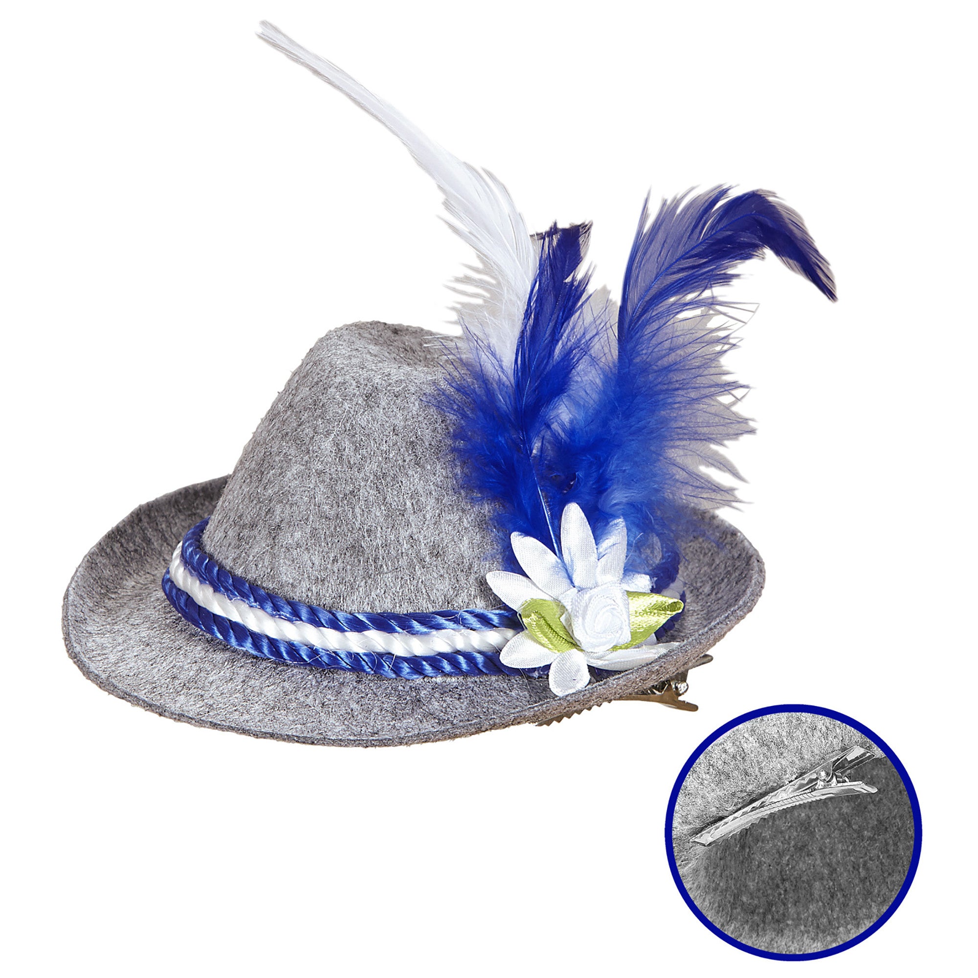 Widmann - Boeren Tirol & Oktoberfest Kostuum - Oktoberfest Dames Mini Beierse Fedora, Blauw - grijs - Bierfeest - Verkleedkleding