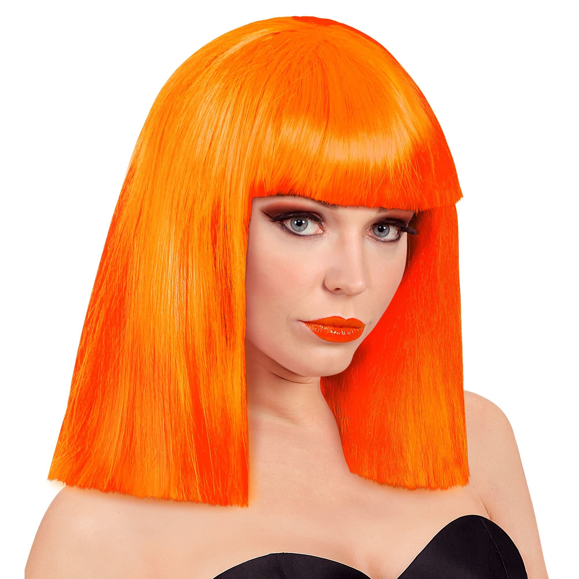 Leuke neon oranje pruik showgirl