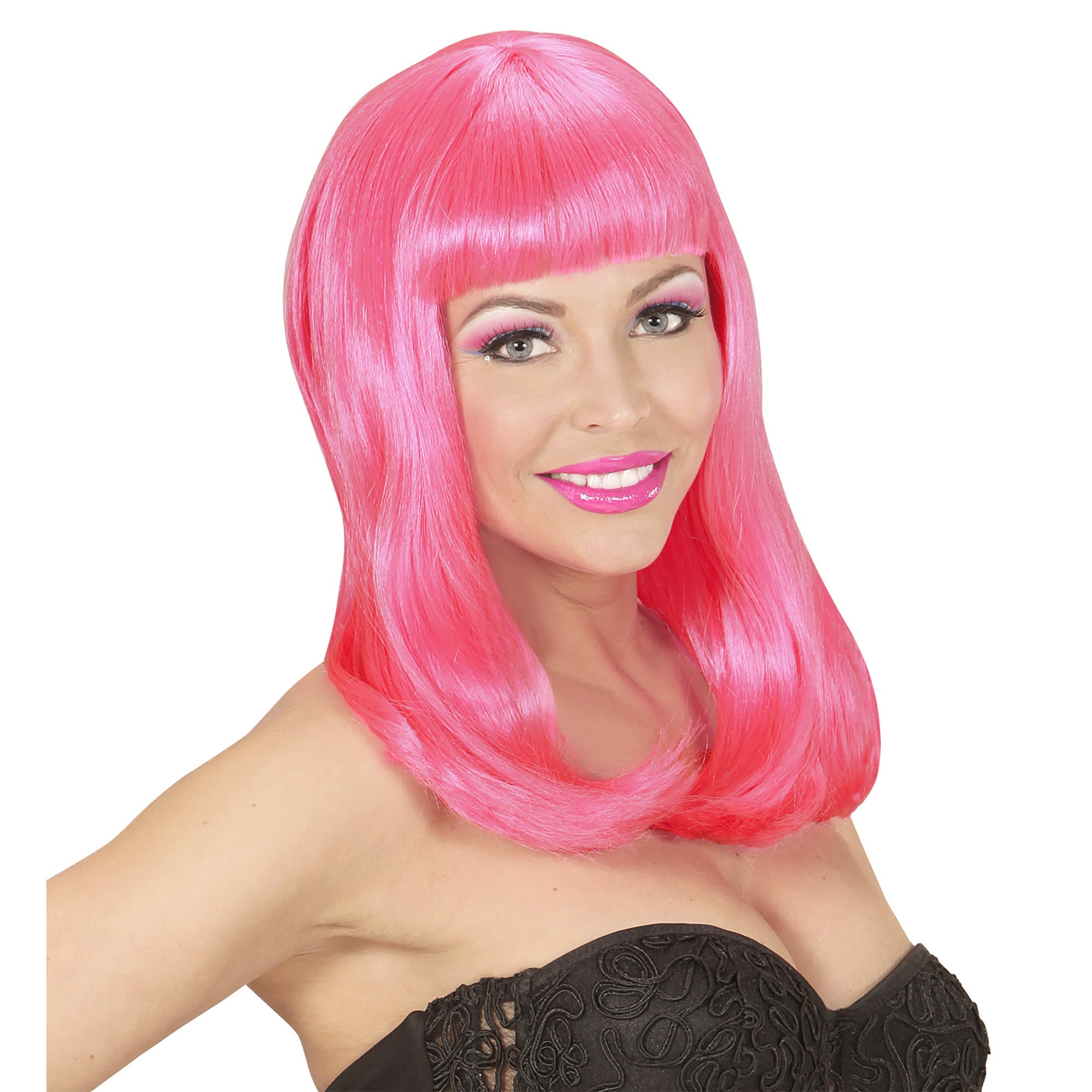 Widmann -Bob Pruik, Patsy Neon Roze - roze - Carnavalskleding - Verkleedkleding