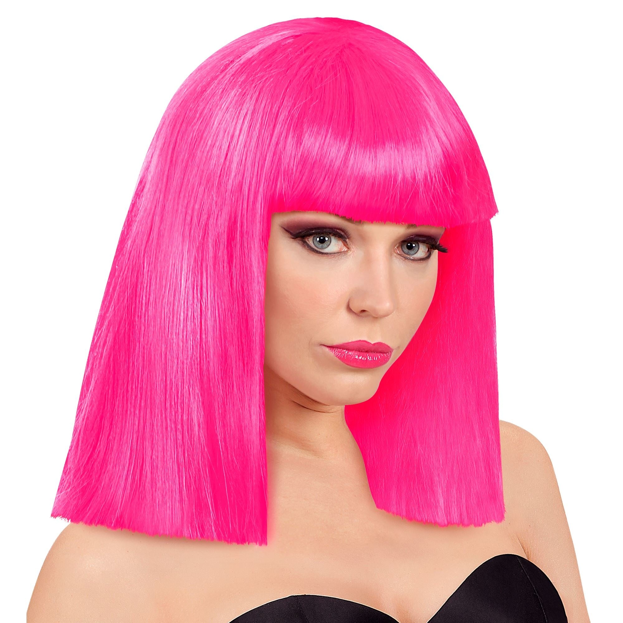 Mooie neon roze showgirl pruik