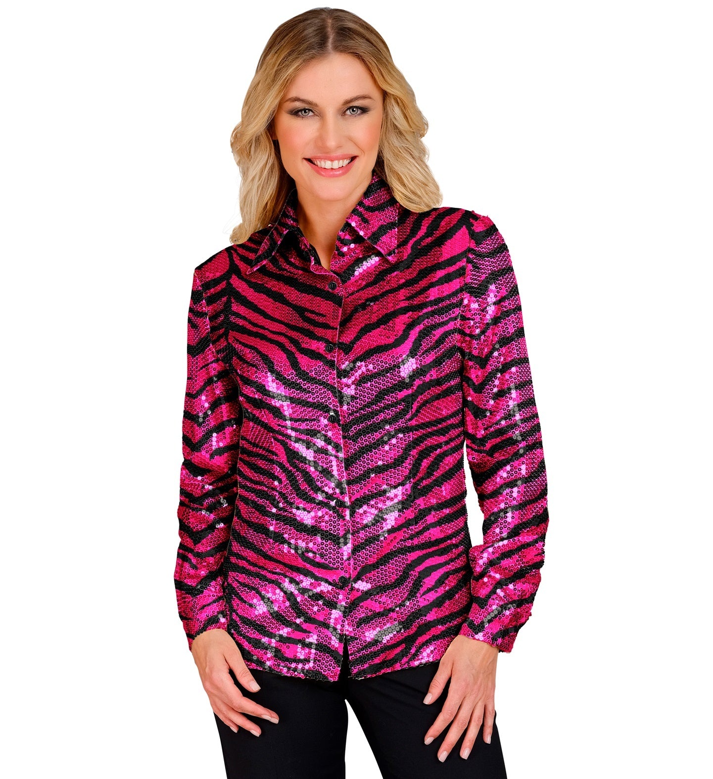 Mooi paillettenshirt dames zebra pink voor een leuk feestje.