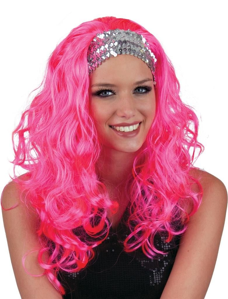 Pruik go go roze met zilveren haarband