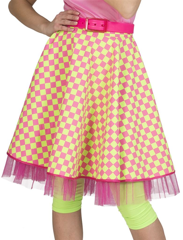 Funny Fashion - Rock & Roll Kostuum - Rockn Roll Rok Groen Roze Blokjes Vrouw - groen,roze - One Size - Carnavalskleding - Verkleedkleding