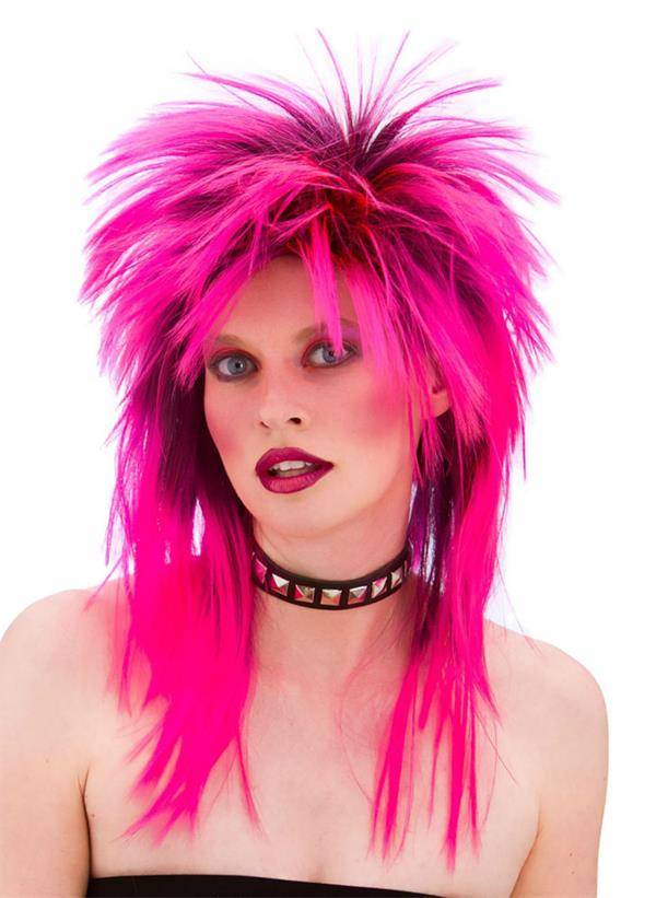 Ruige punk pruik 80-jaren in de kleur neon roze