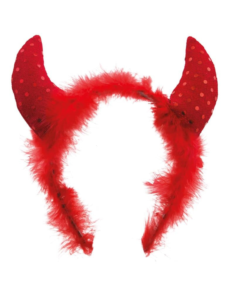 Mooie duivel hoorn tiara in rood met marabou