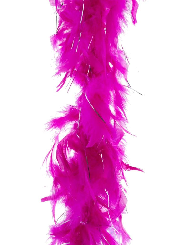 Mooie roze fuchsia veren boa met zilveren lurex draad 45gr