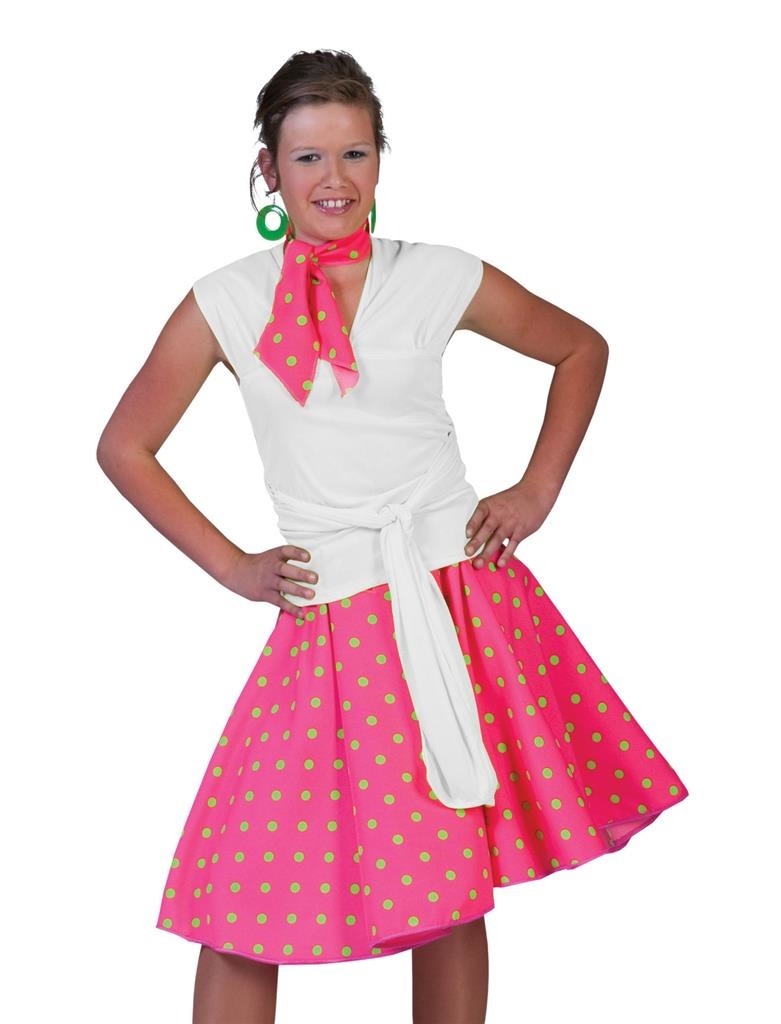 Verkleedpak rok en sjaal neon roze (met groene stippen) Rock 'N Roll Skirt Neon Pink (Green Dots) Onesize