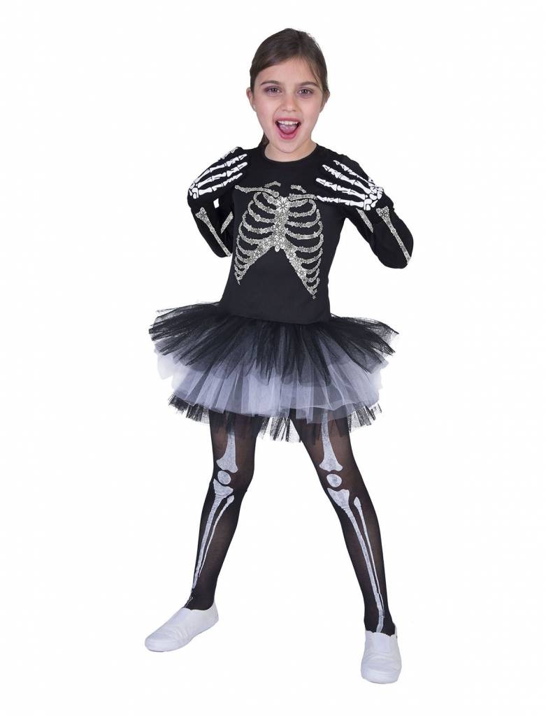 Funny Fashion - Spook & Skelet Kostuum - Dansend Ballet Skelet - Meisje - - Maat 140 - Halloween - Verkleedkleding