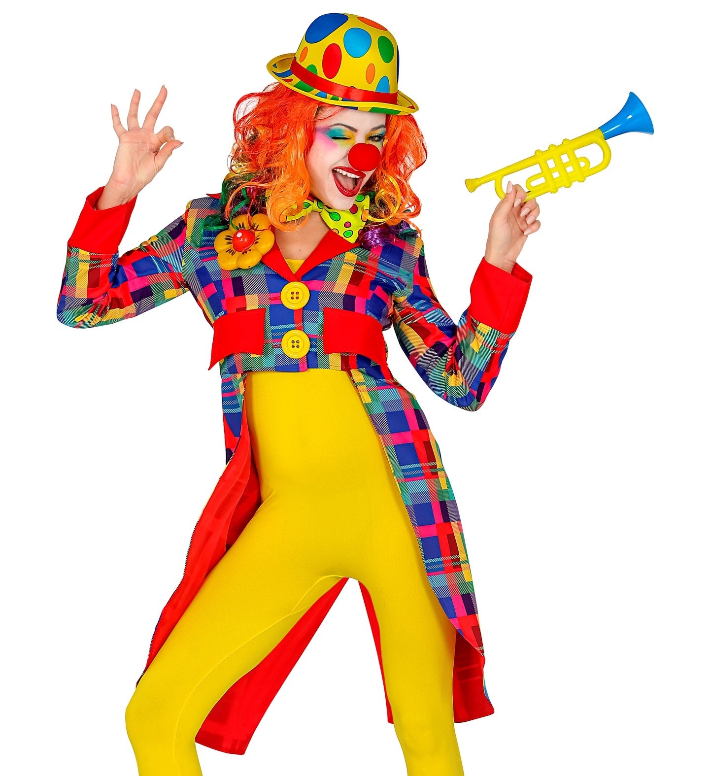 Widmann - Clown & Nar Kostuum - Moema De Geinige Clown Slipjas Geblokt Vrouw - blauw - Medium - Carnavalskleding - Verkleedkleding