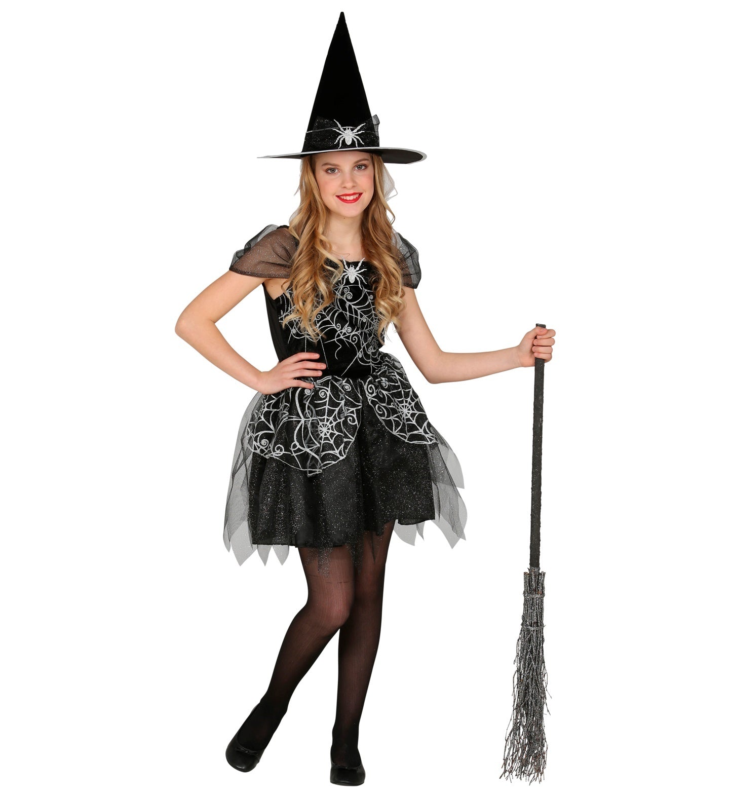 Widmann - Heks & Spider Lady & Voodoo & Duistere Religie Kostuum - Spinnen Heks Spinderwebba - Meisje - zwart - Maat 104 - Halloween - Verkleedkleding