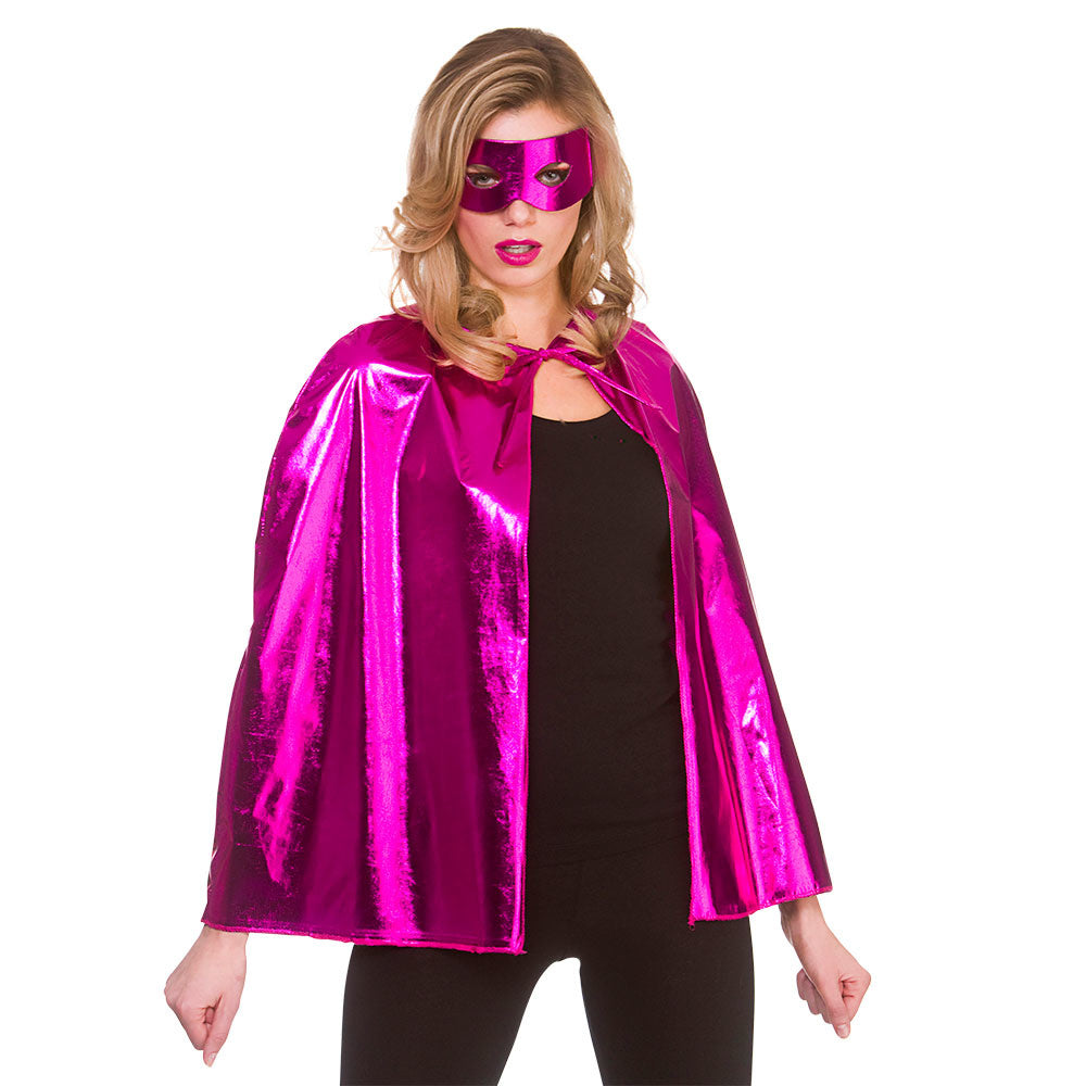 Mooie roze super helden cape metallic met masker 60cm