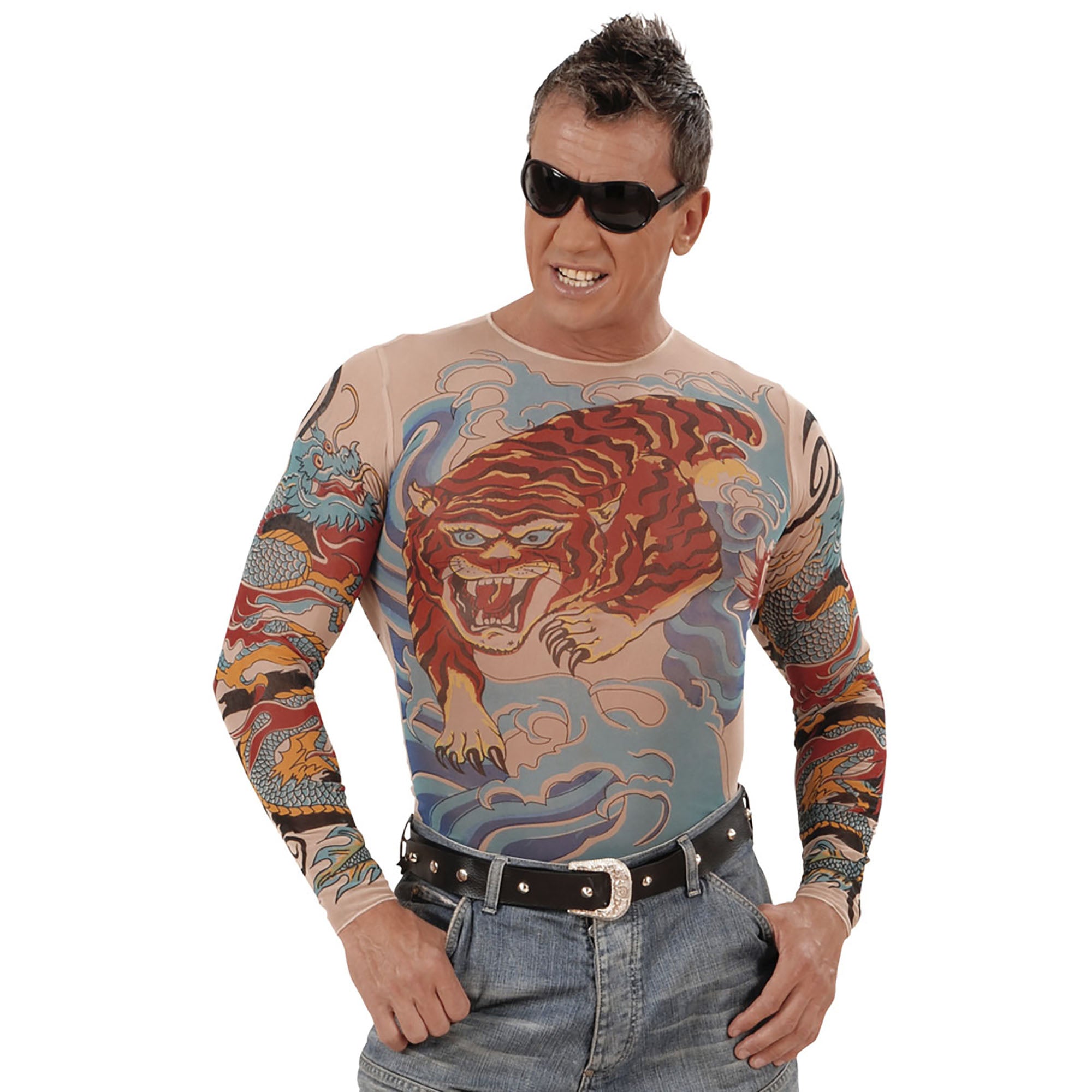 Widmann -Tattoo Shirt Tijger En Draak, Man - beige,multicolor - Medium / Large - Carnavalskleding - Verkleedkleding