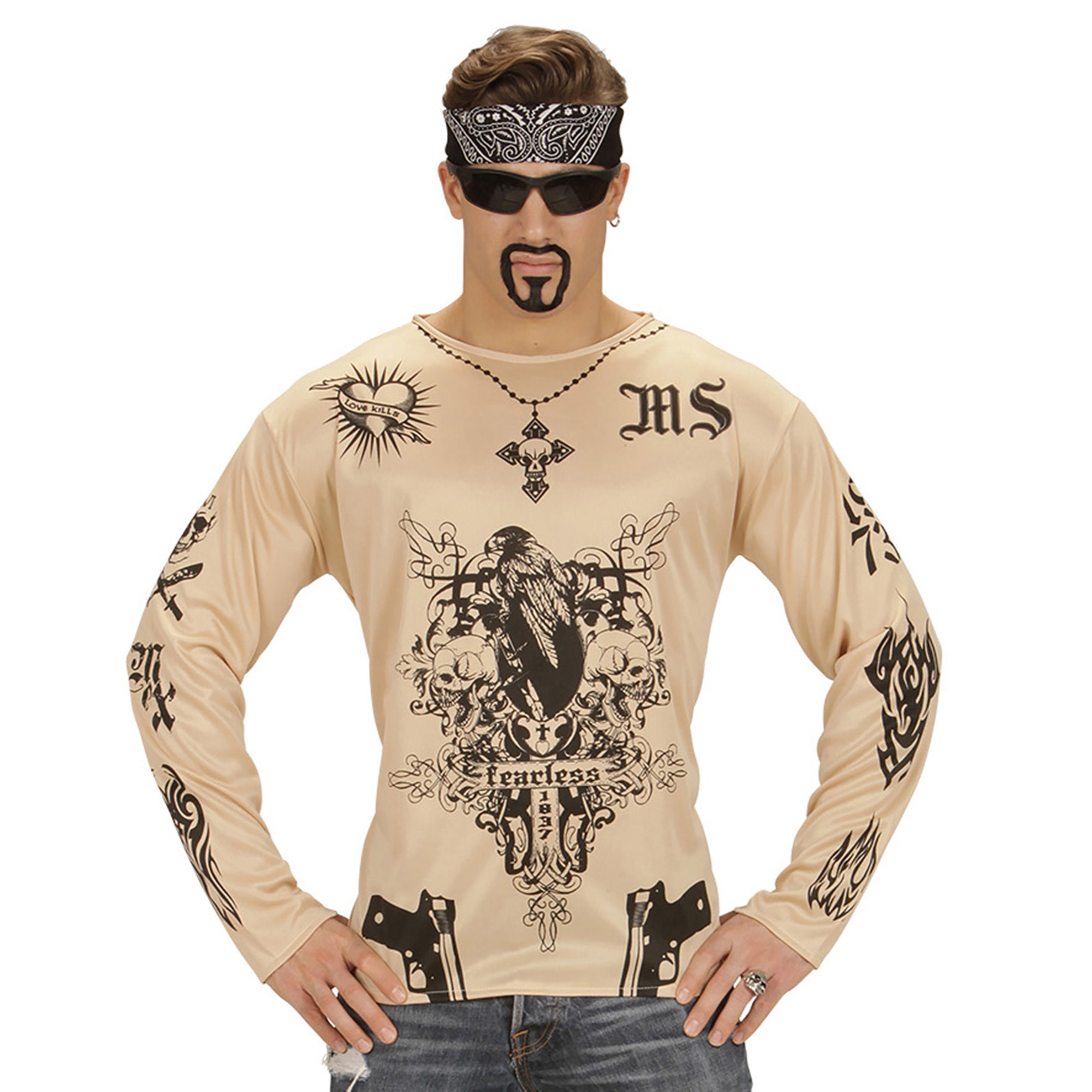 Widmann - Aso & Biker & New Kids Kostuum - Tattoo Straatgang Tiener Shirt Jongen - beige - Maat 164 - Carnavalskleding - Verkleedkleding