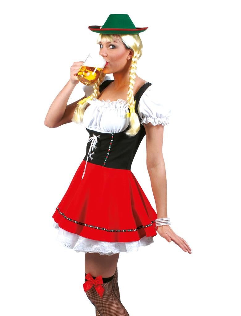 Funny Fashion - Boeren Tirol & Oktoberfest Kostuum - Beate Biergarten Babe - Vrouw - rood,wit / beige - Maat 36-38 - Bierfeest - Verkleedkleding