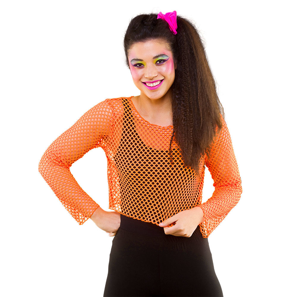 Mooi visnet shirt Maud 80- jaren in neon oranje