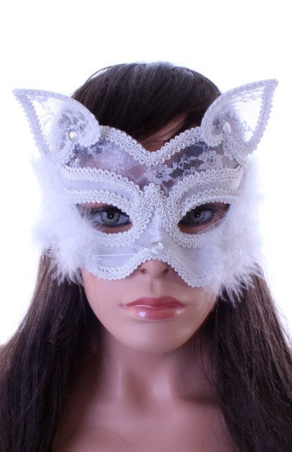 Oogmasker poes wit met marabou en kant