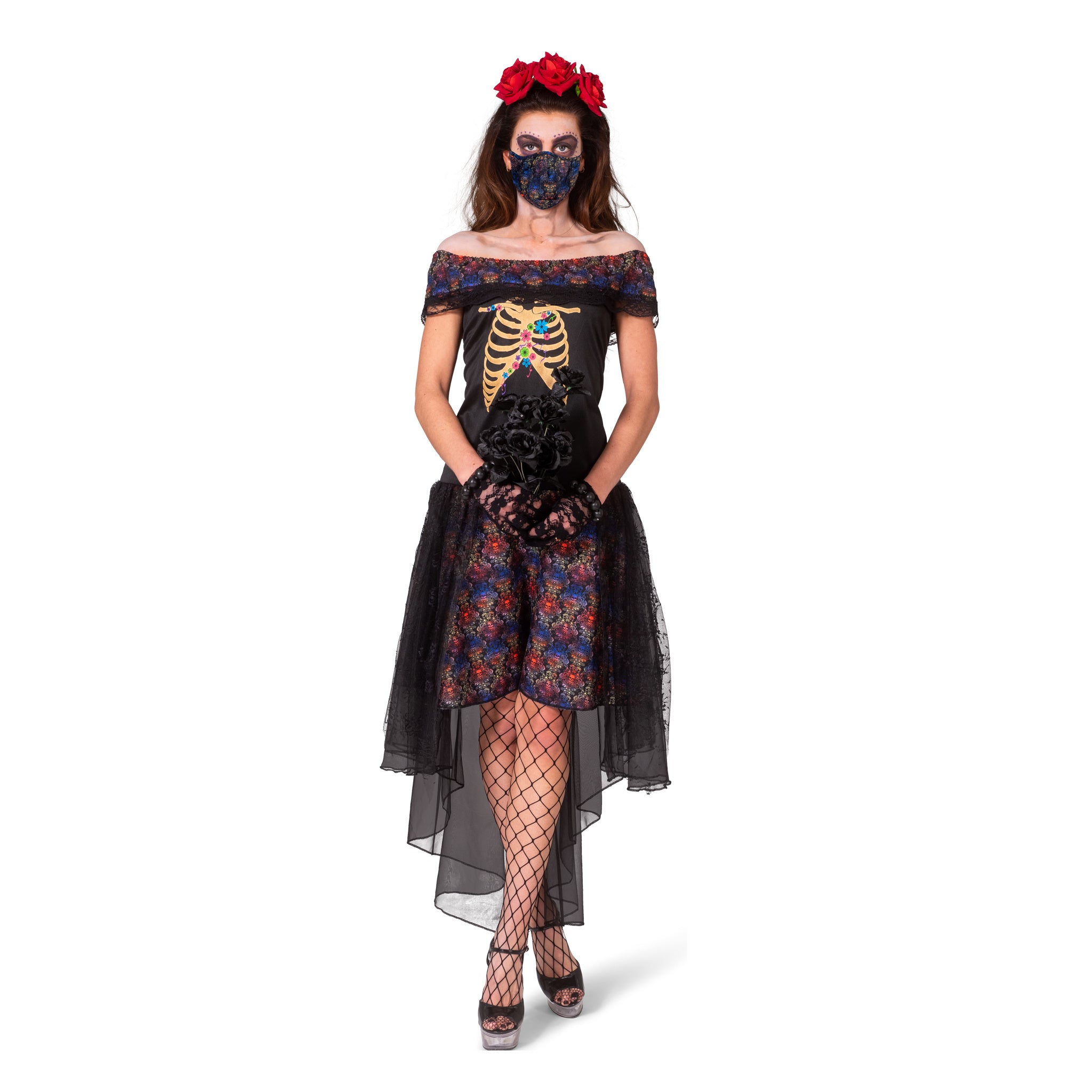 Funny Fashion - Spaans & Mexicaans Kostuum - Day Of The Dead Nee Ik Wil Niet Met Je Trouwen Bruid - Vrouw - zwart - Maat 40-42 - Halloween - Verkleedkleding