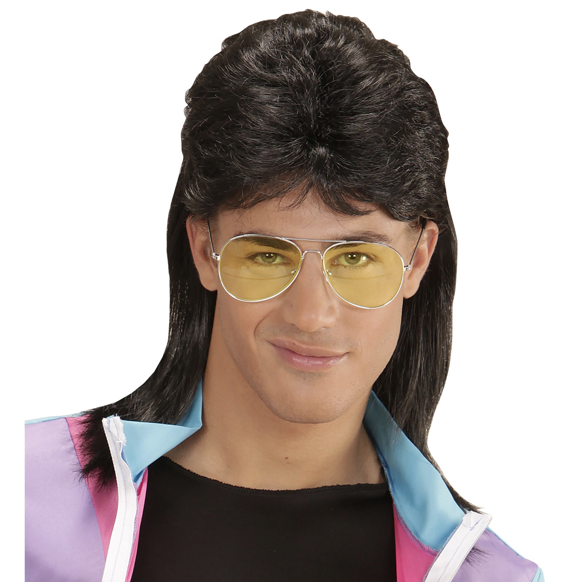 Widmann -Nerd Pruik, Mullet Zwart - zwart - Carnavalskleding - Verkleedkleding