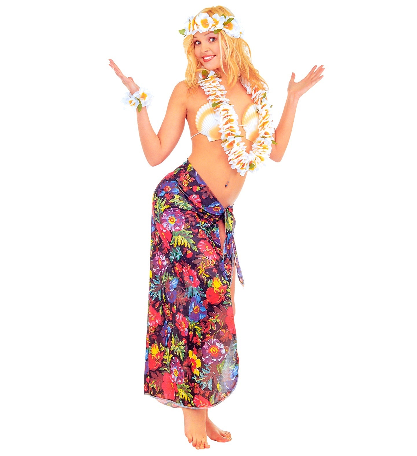 Widmann - Hawaii & Carribean & Tropisch Kostuum - Omslagdoek Hawaii Beach Flower Furie Vrouw - zwart,multicolor - One Size - Carnavalskleding - Verkleedkleding