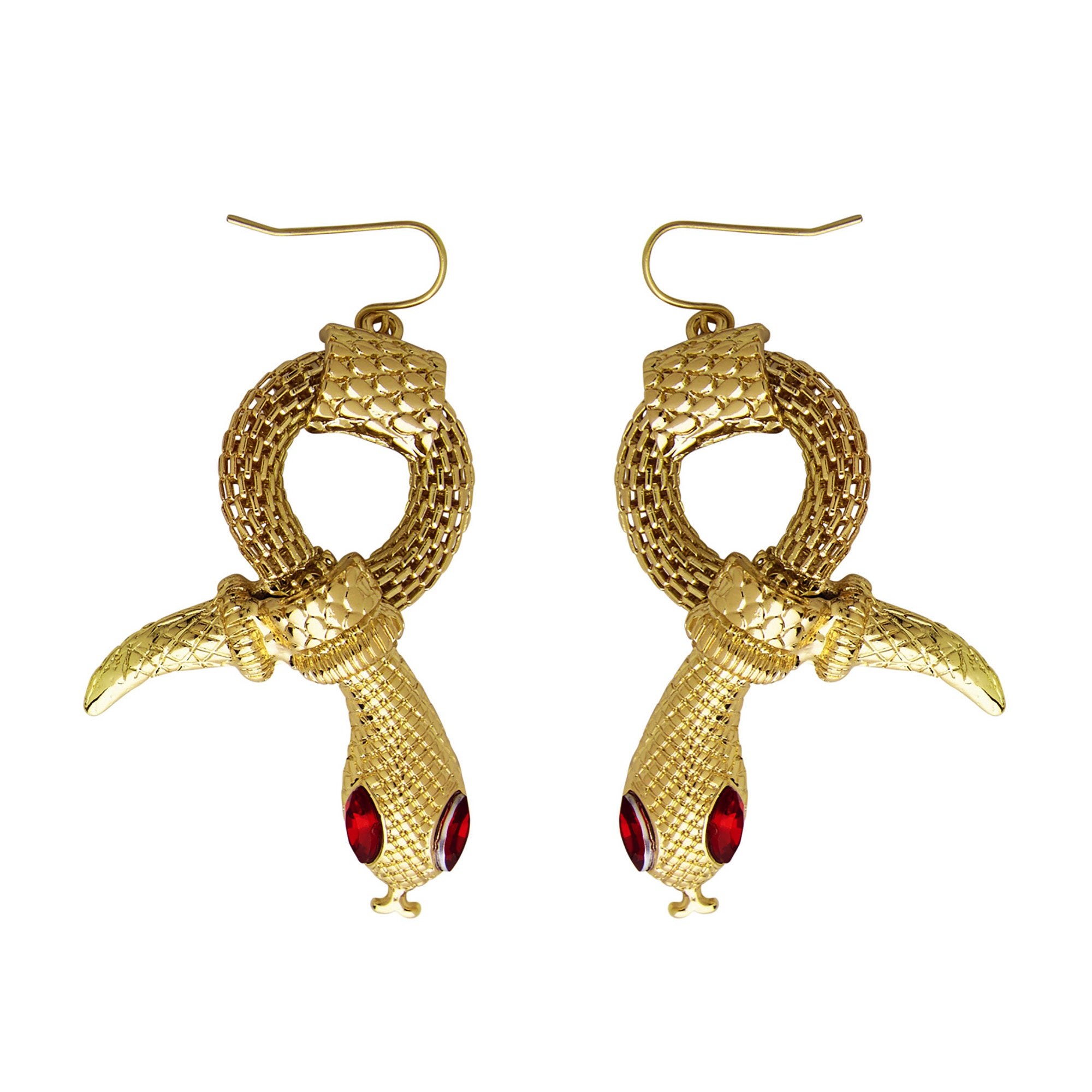 Gouden slang oorbellen met rode strass oogjes