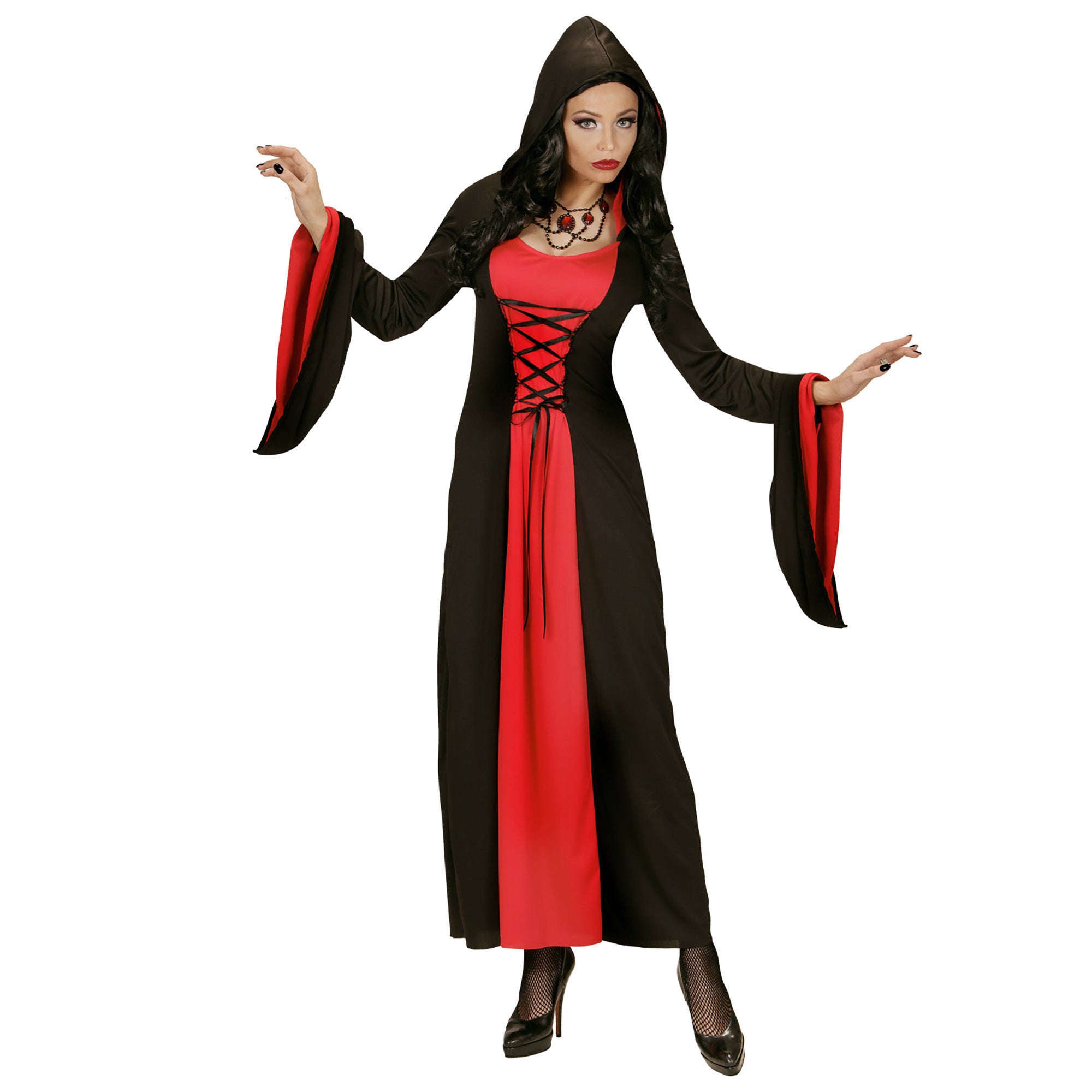 "Rood en zwart gravin kostuum met capuchon voor vrouwen - Verkleedkleding - XL"
